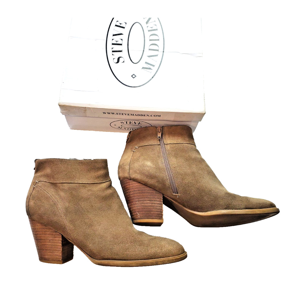 Steve Madden Ankle Boots Womens 11 Brown Faander Side Zip Block Heels Suede